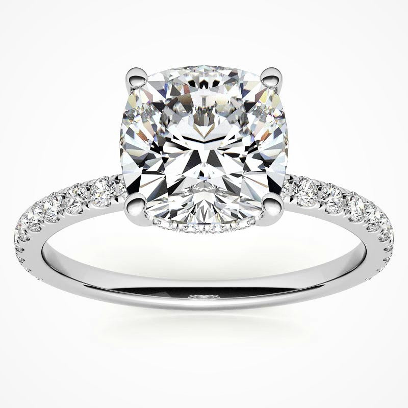 Cushion Hidden Halo Pave Band Moissanite Engagement Ring