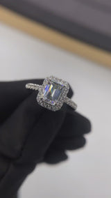 Emerald Halo on Pave Band Moissanite Engagement Ring