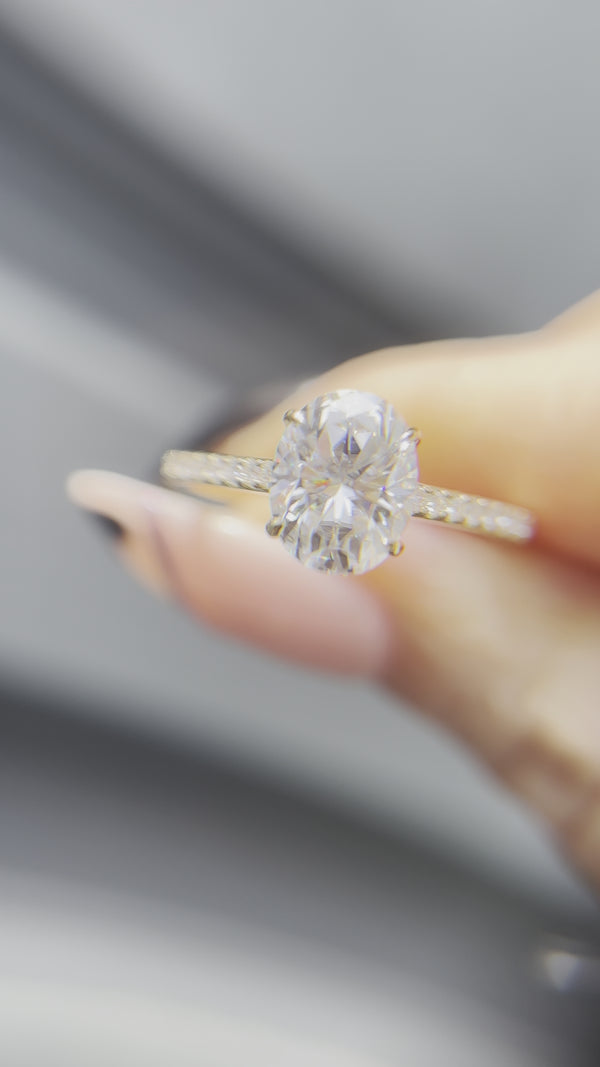 Vera - Oval Hidden Halo on Pave Band Cathedral Low Setting Moissanite Engagement Ring