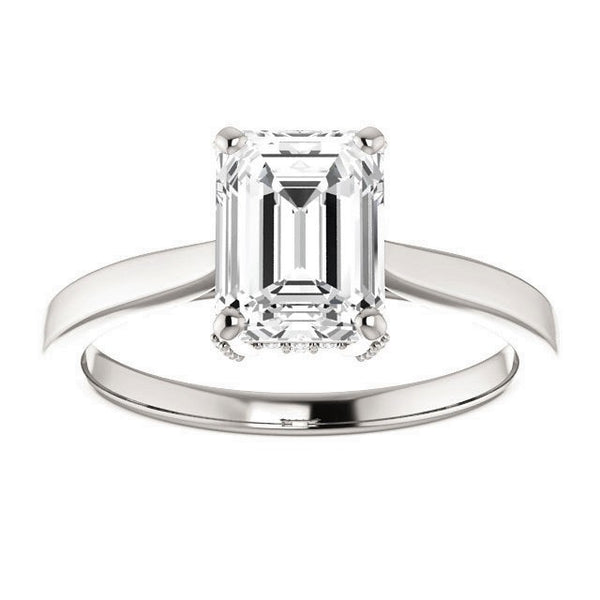 Emerald Cut with Pave Hidden Basket Low Set Moissanite Engagement Ring