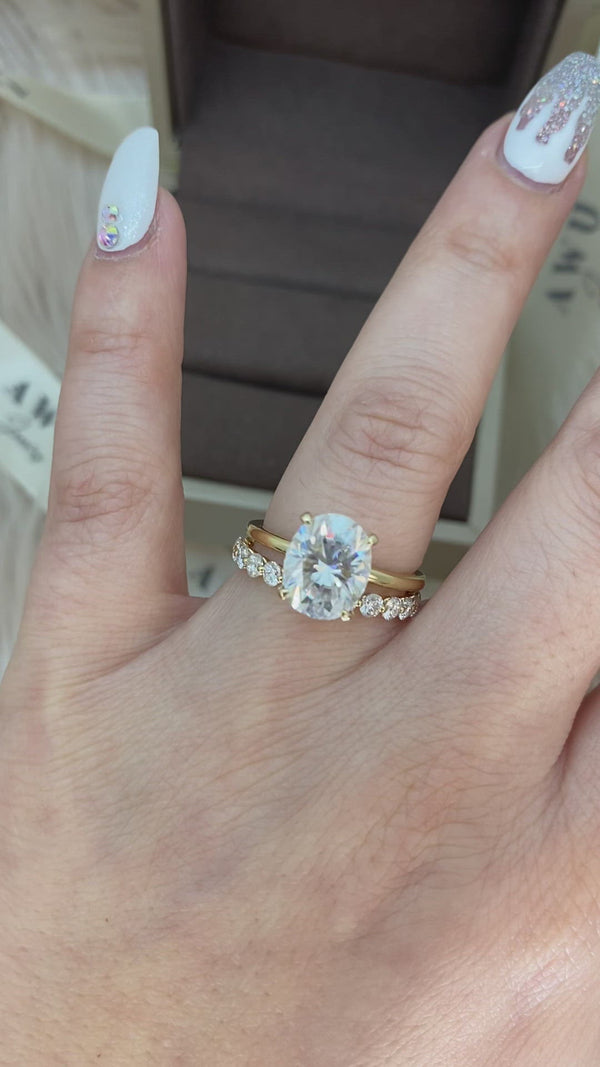 Oval Set: Valorie Oval Hidden Halo on Plain Band Moissanite Engagement Ring with Clara Floating Round Eternity band set