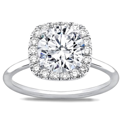 Round cut Cushion Halo on Plain band Moissanite Engagement Ring