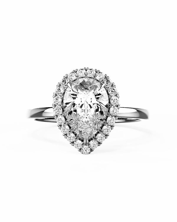 Sale - 3ct Pear Halo on 18k Plain Band Moissanite Engagement Ring