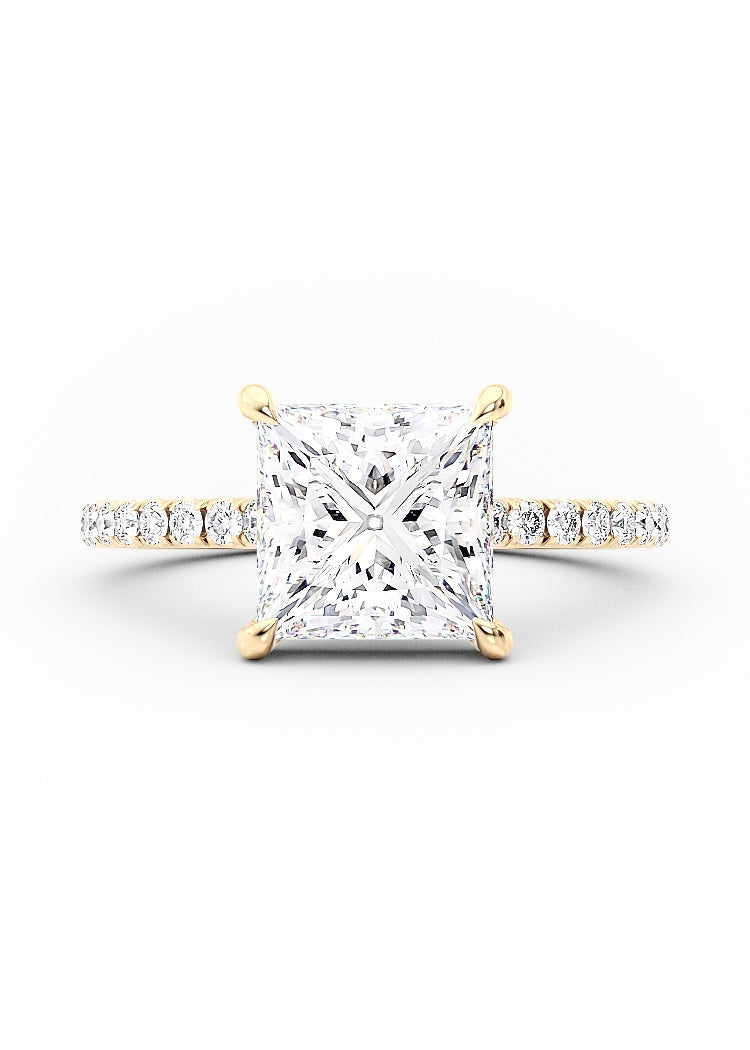 Kayla - Princess Cut Open Hidden Halo on Pave Band Moissanite Engagement Ring