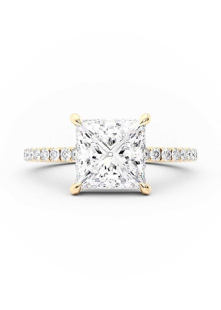 Princess Cut Open Hidden Halo on Pave Band Moissanite Engagement Ring