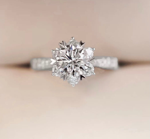 Round Snowflake Moissanite Engagement Ring with Heart Prongs