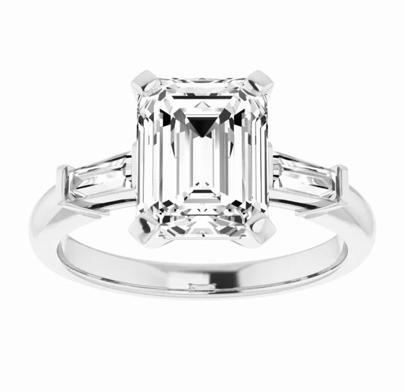 Emerald Cut Three Stone Tapered Baguette Moissanite Engagement Ring