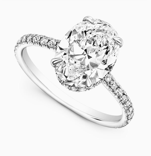 Oval Hidden Halo on Pave Band Moissanite Engagement Ring
