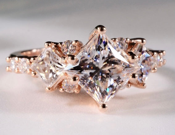 Princess Cut Three Stone with Side Stone Moissanite Engagement Ring