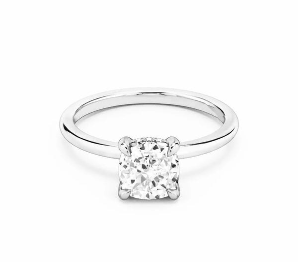 Cushion Cut with Hidden Halo on Plain Band Moissanite Engagement Ring