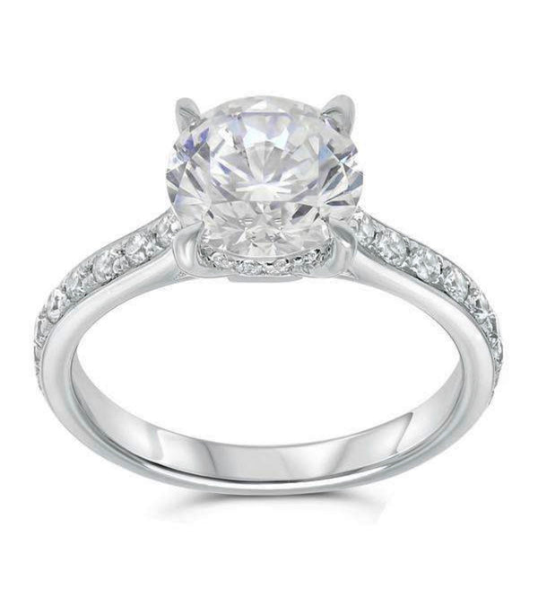 Round Cathedral Moissanite Engagement Ring with Hidden Halo on Pave Band