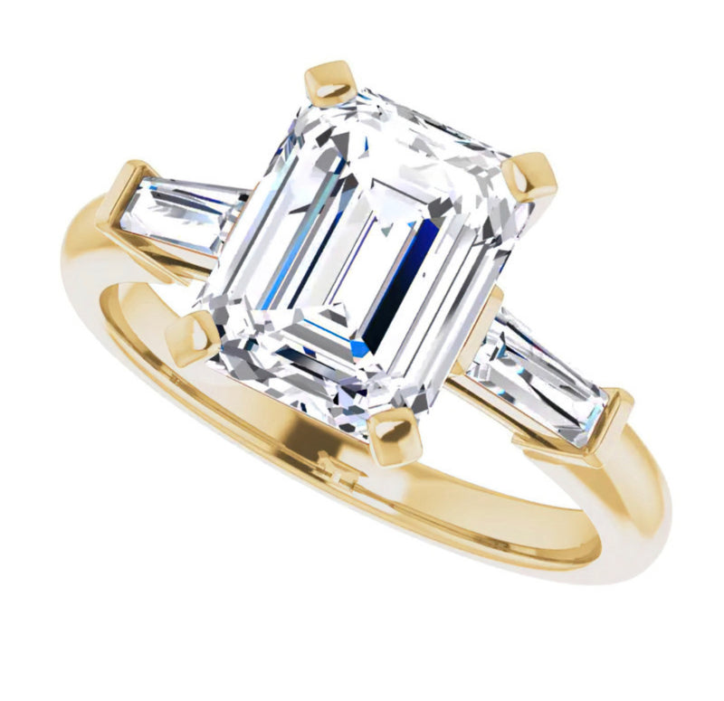 Emerald Cut Three Stone Tapered Baguette Moissanite Engagement Ring