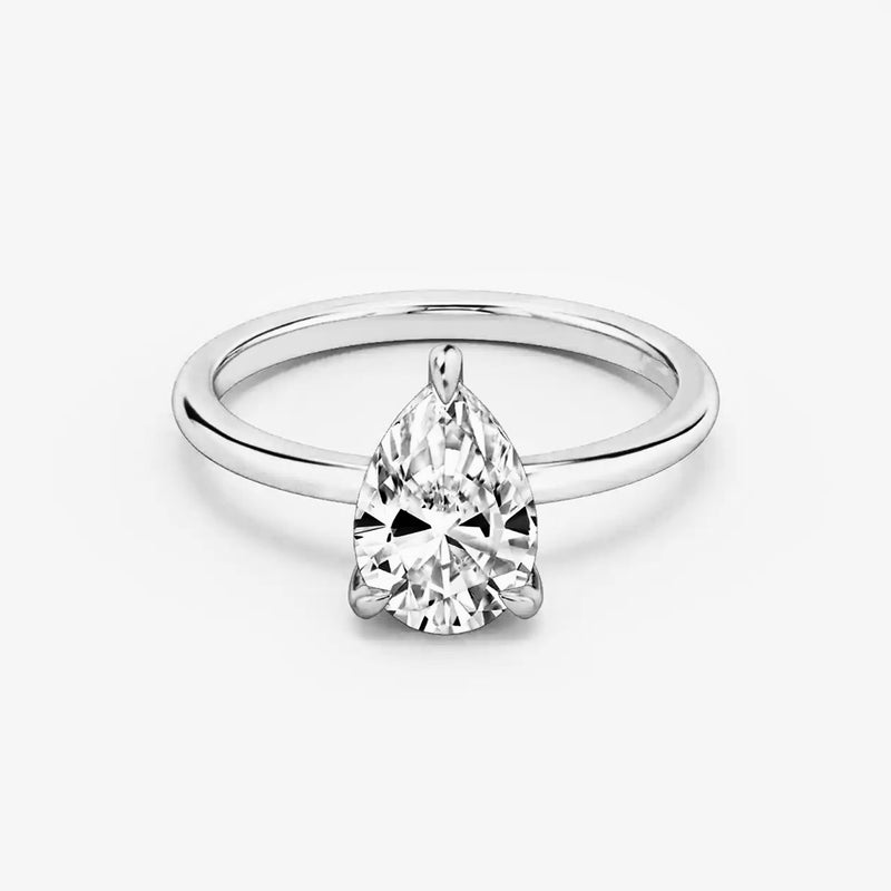 RTS 3ct Pear Cut Two-Tone White Prongs on Rose Gold Plain Band with Hidden Halo Moissanite Engagement Ring