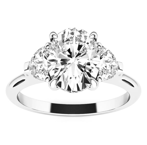 Oval and Half Moon Three Stone Moissanite Engagement Ring