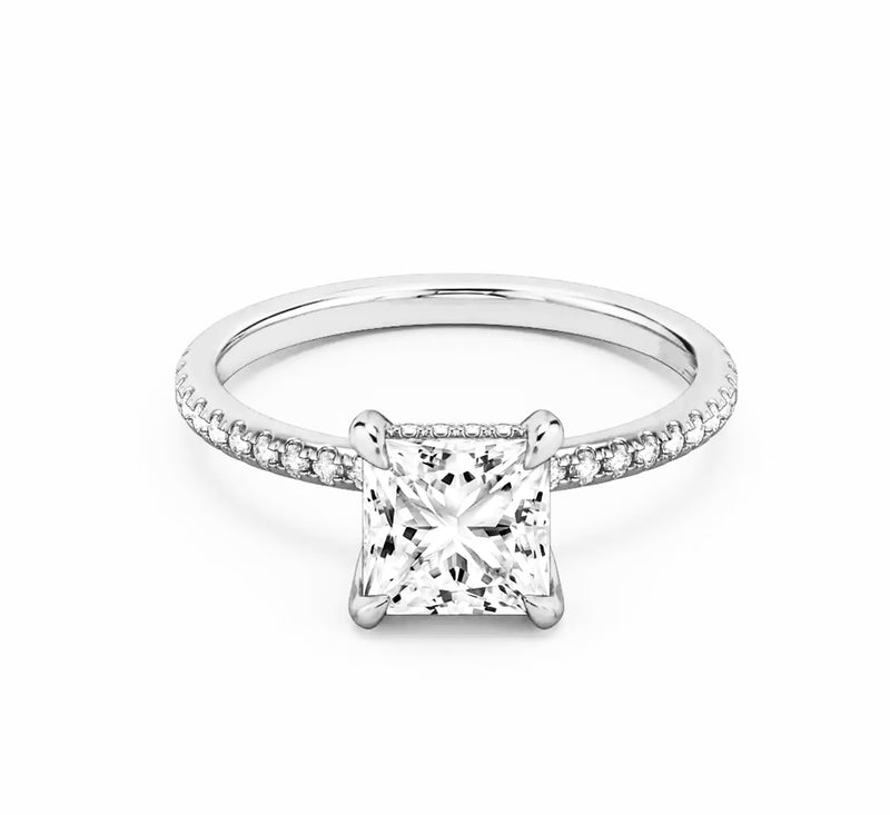 Princess Cut Hidden Halo Pave Band Moissanite Engagement Ring