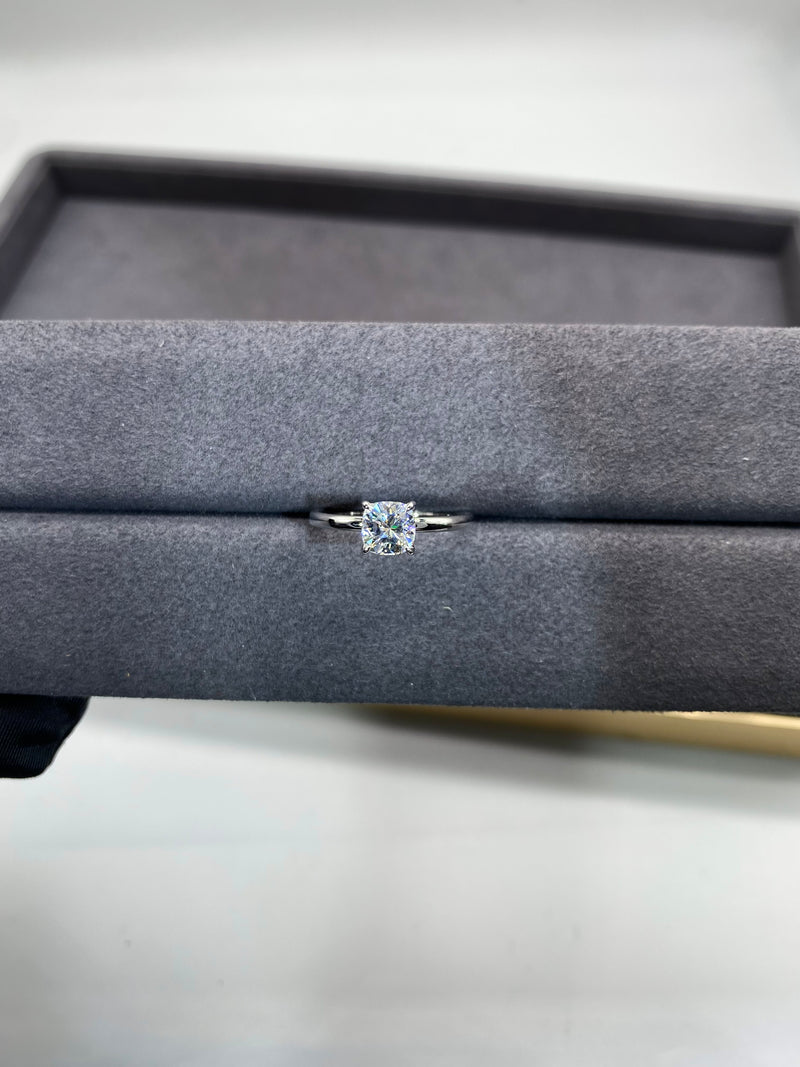 Cushion Cut with Hidden Halo on Plain Band Moissanite Engagement Ring