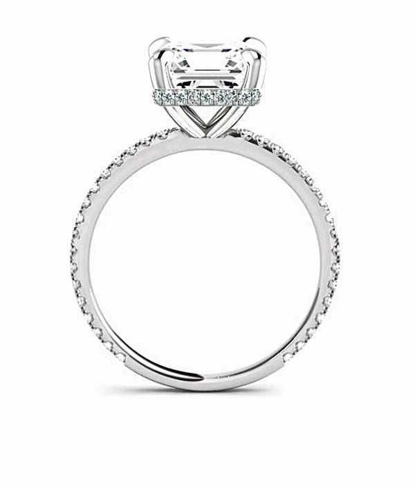 Emerald Cut with Hidden Collar Halo on Pave Band Moissanite Engagement Ring