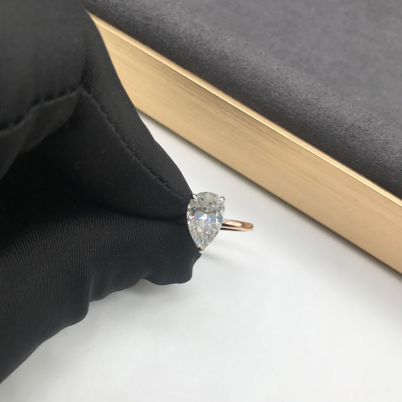 RTS 3ct Pear Cut Two-Tone White Prongs on Rose Gold Plain Band with Hidden Halo Moissanite Engagement Ring