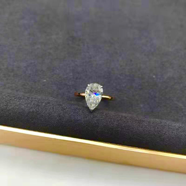 Sale - 3ct Pear Cut Two-Tone 18k White Prongs on Rose Gold Plain Band with Hidden Halo Moissanite Engagement Ring