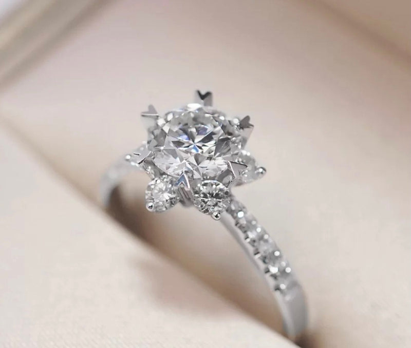 Round Snowflake Moissanite Engagement Ring with Heart Prongs