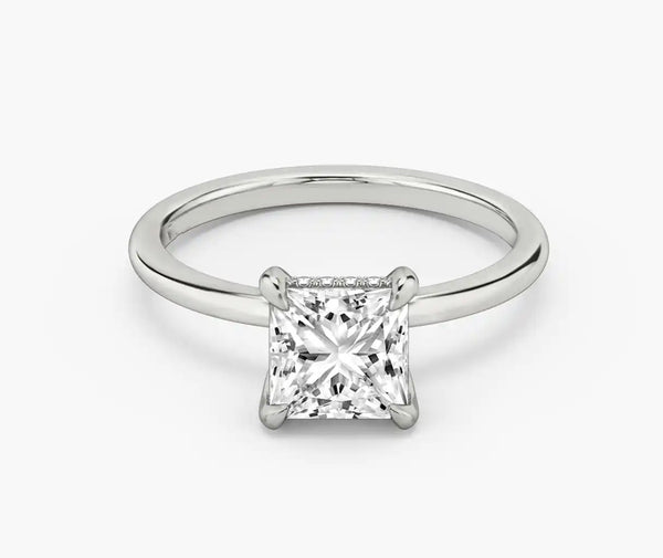 Princess Cut with Hidden Halo on Plain Band Moissanite Engagement Ring