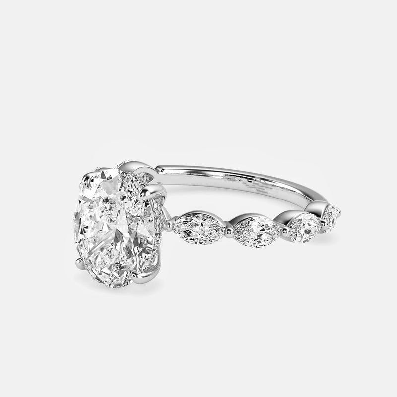 Oval cut hidden halo on Marquise Band Moissanite Engagement Ring