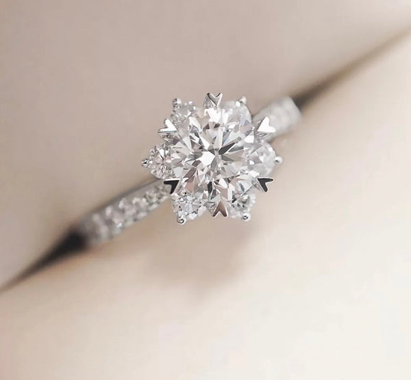 Round Snowflake Moissanite Engagement Ring with Heart Prongs