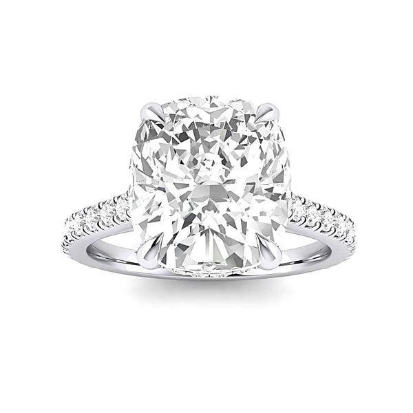Cushion (Elongated Cushion) with Hidden Halo And Pave Bridge on Pave Band Cathedral Moissanite Engagement Ring