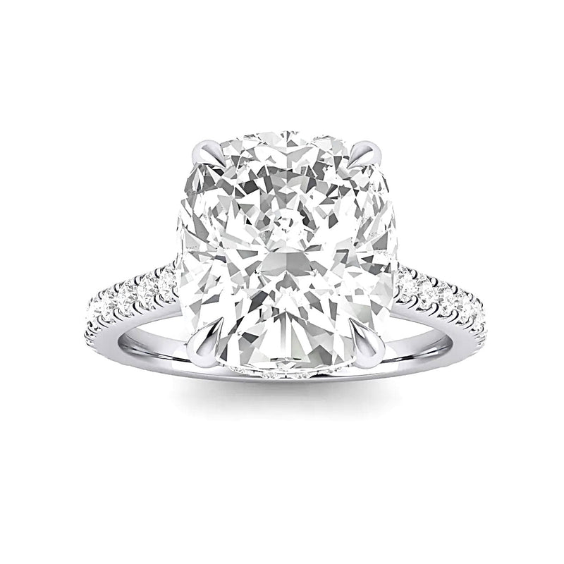 Cushion (Elongated Cushion) with Hidden Halo And Pave Bridge on Pave Band Cathedral Moissanite Engagement Ring