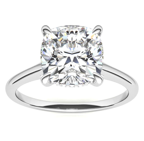 Cushion Cut with Hidden Halo on Plain Band Cathedral Moissanite Engagement Ring