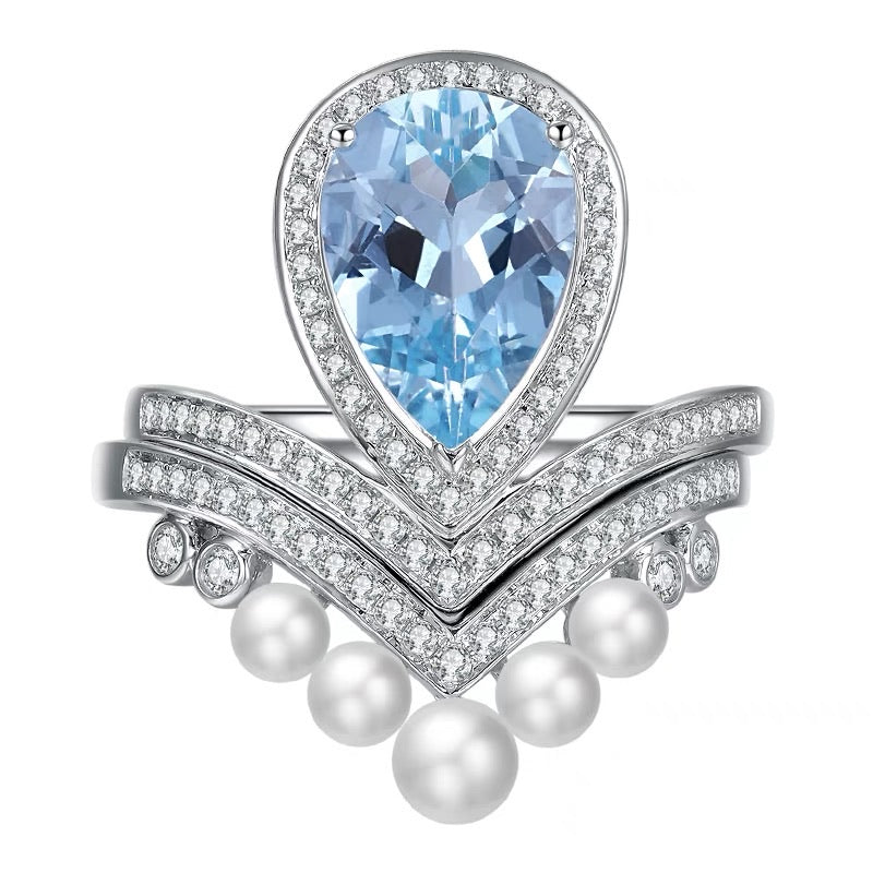 Aquamarine Diamond Pave Ring with Pearl Diamond Ring Guard Set