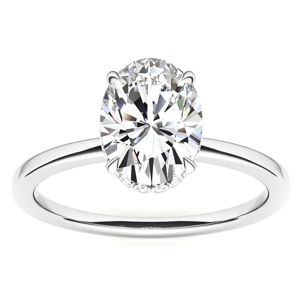 Oval Hidden Halo on Plain Band Cathedral Low Set Moissanite Engagement Ring