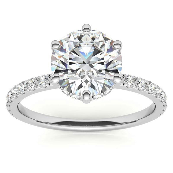 Round Cut with Hidden Halo on Pave Band Moissanite Engagement Ring