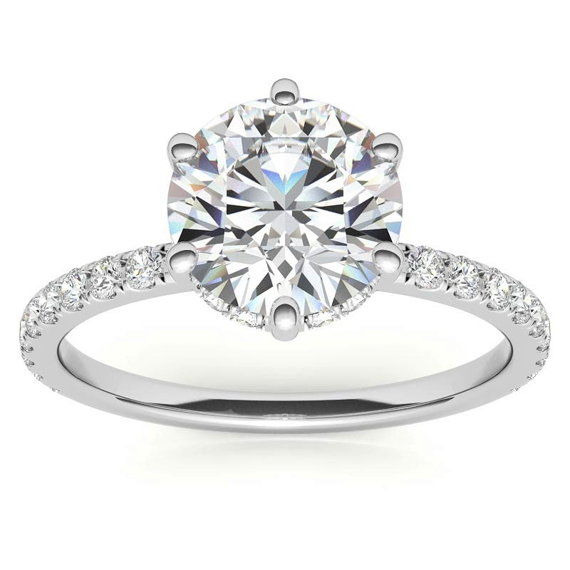 Round Cut with Hidden Halo on Pave Band Moissanite Engagement Ring